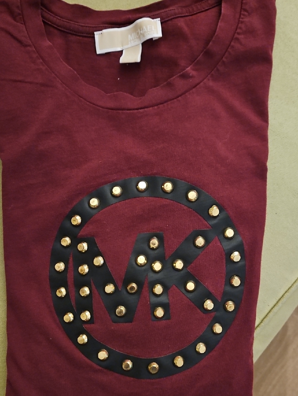 Michael Kors Studded Burgundy Tee with Mk Circular Logo - In Mint Conditiom